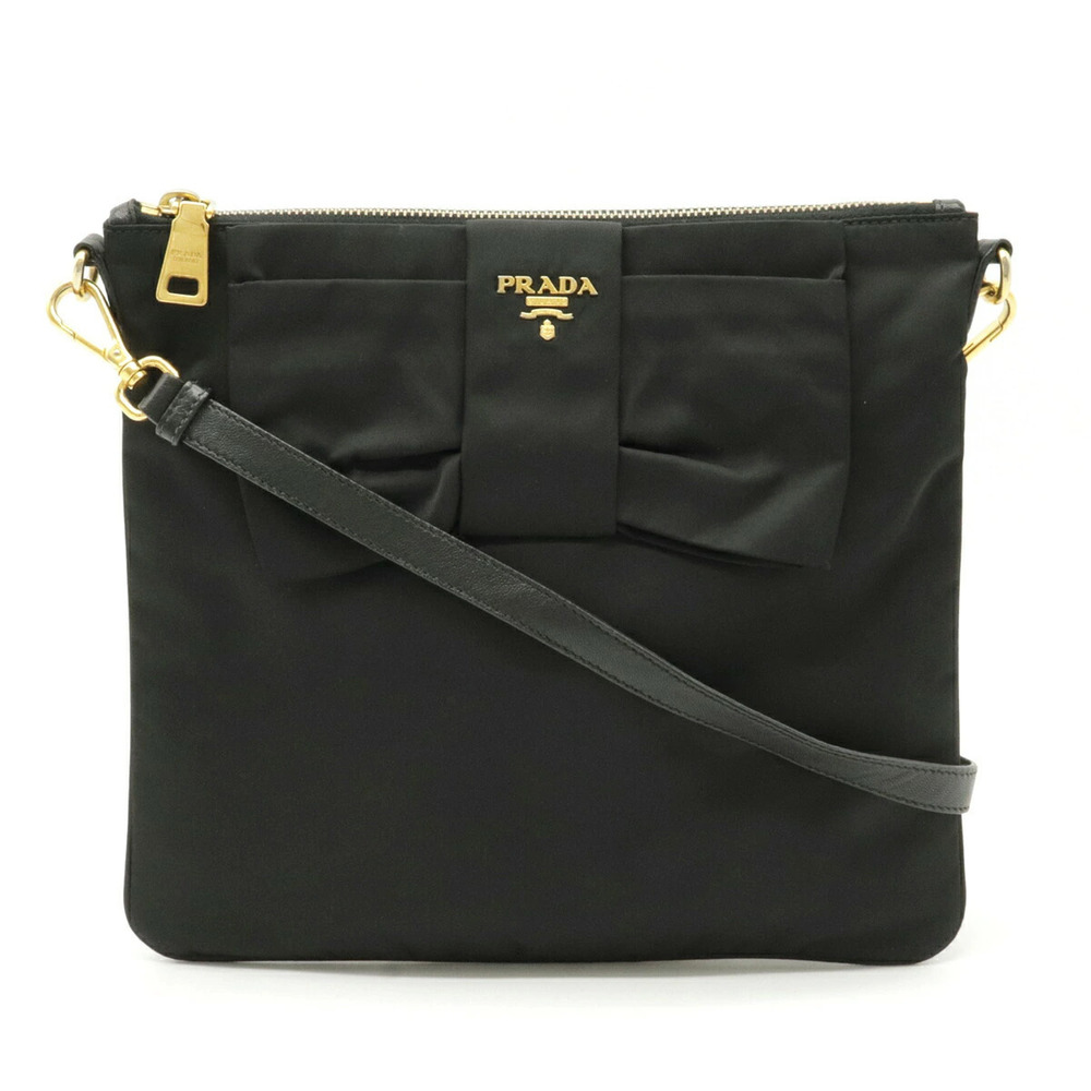 Prada Ribbon Motif Crossbody Bag Pouch Clutch Leather NERO Black